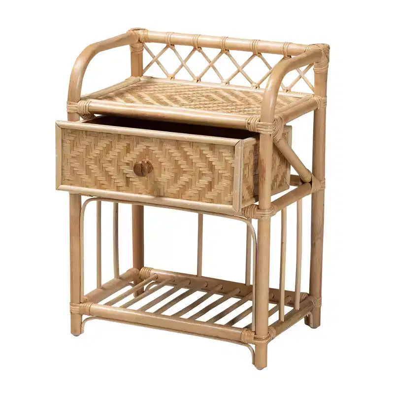 Comodino moderno bohémien in rattan naturale marrone con 1 cassetto