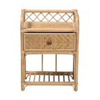 Comodino moderno bohémien in rattan naturale marrone con 1 cassetto