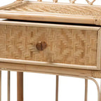 Comodino moderno bohémien in rattan naturale marrone con 1 cassetto