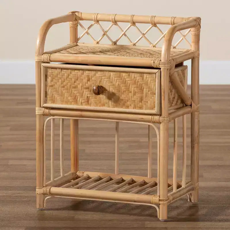 Comodino moderno bohémien in rattan naturale marrone con 1 cassetto