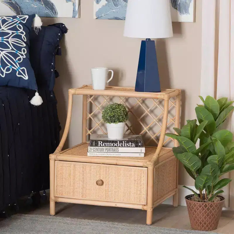 bali & pari Lalo Modern Bohemian Natural Brown Rattan 1-Drawer Nightstand