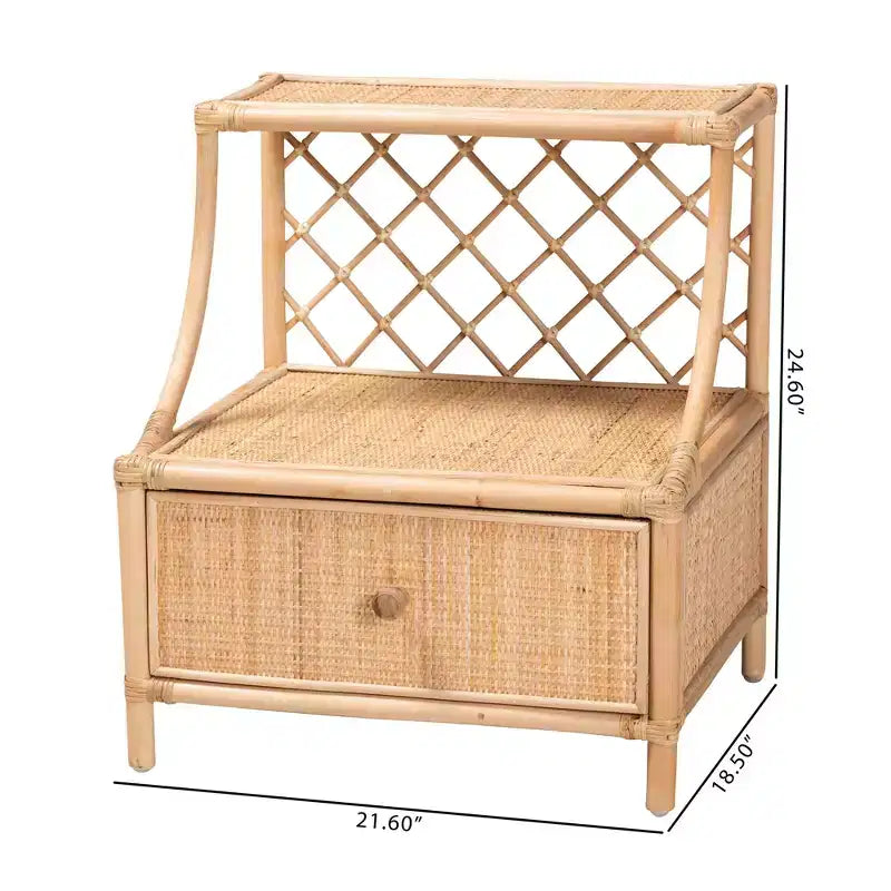 Comodino moderno bohémien in rattan naturale marrone con 1 cassetto