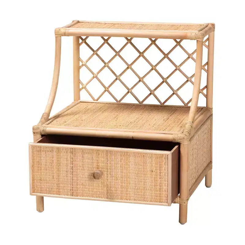 Comodino moderno bohémien in rattan naturale marrone con 1 cassetto