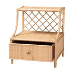 Comodino moderno bohémien in rattan naturale marrone con 1 cassetto