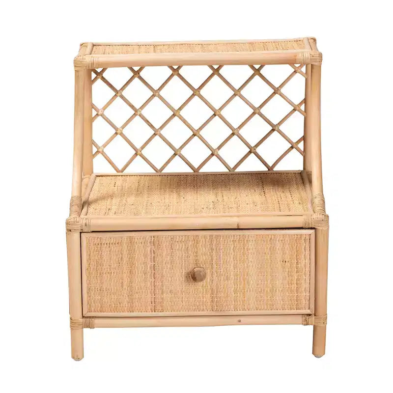 Comodino moderno bohémien in rattan naturale marrone con 1 cassetto