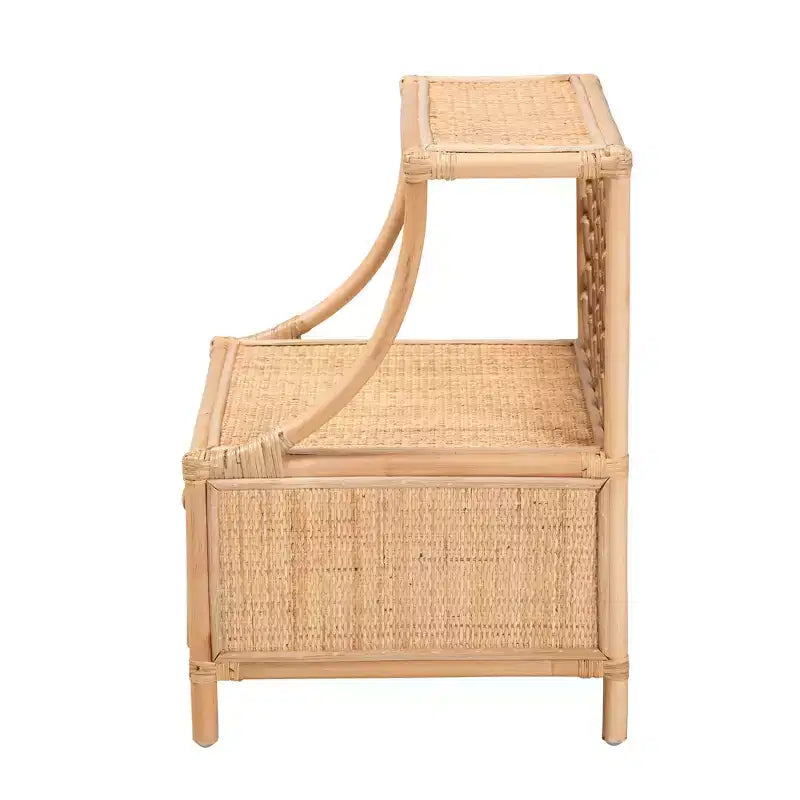 Comodino moderno bohémien in rattan naturale marrone con 1 cassetto