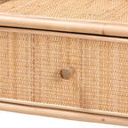 Comodino moderno bohémien in rattan naturale marrone con 1 cassetto