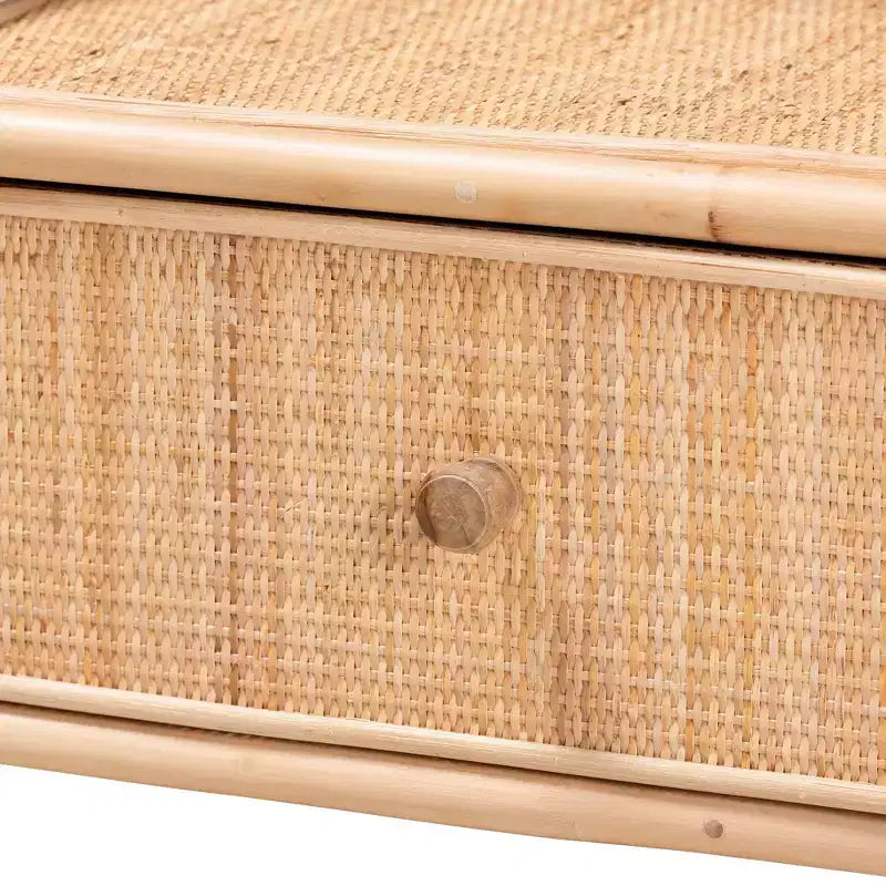 Comodino moderno bohémien in rattan naturale marrone con 1 cassetto