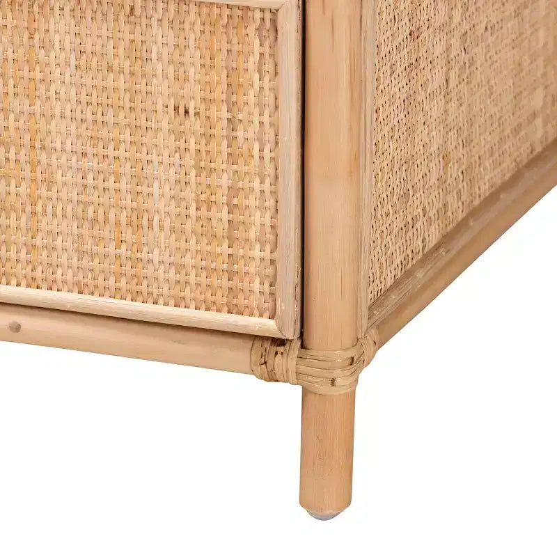 Comodino moderno bohémien in rattan naturale marrone con 1 cassetto