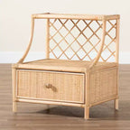 Comodino moderno bohémien in rattan naturale marrone con 1 cassetto