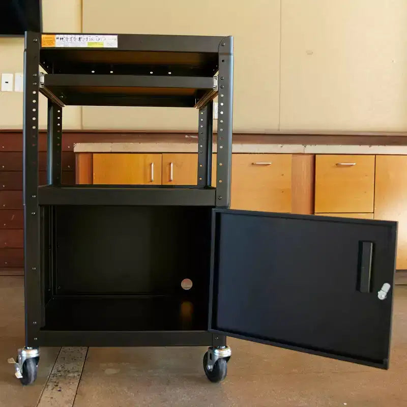 Supporto per carrello multimediale per presentazioni AV mobile con vano portaoggetti, carrello tecnologico, nero