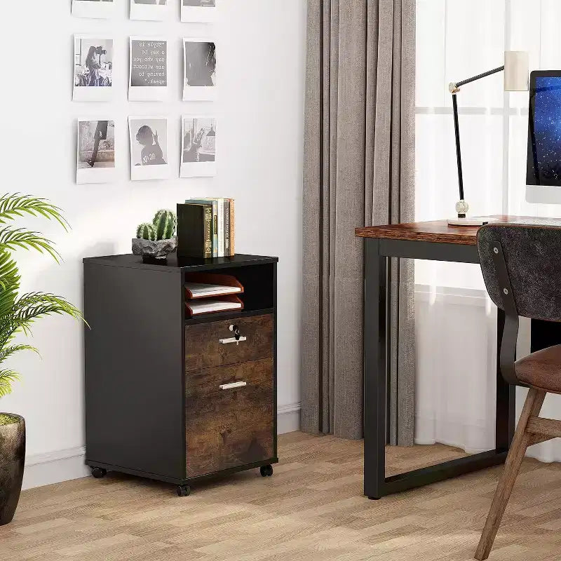 Mobiletto Archivio Legno a 2 Cassetti con Serratura, Supporto Stampante con Ruote Girevoli