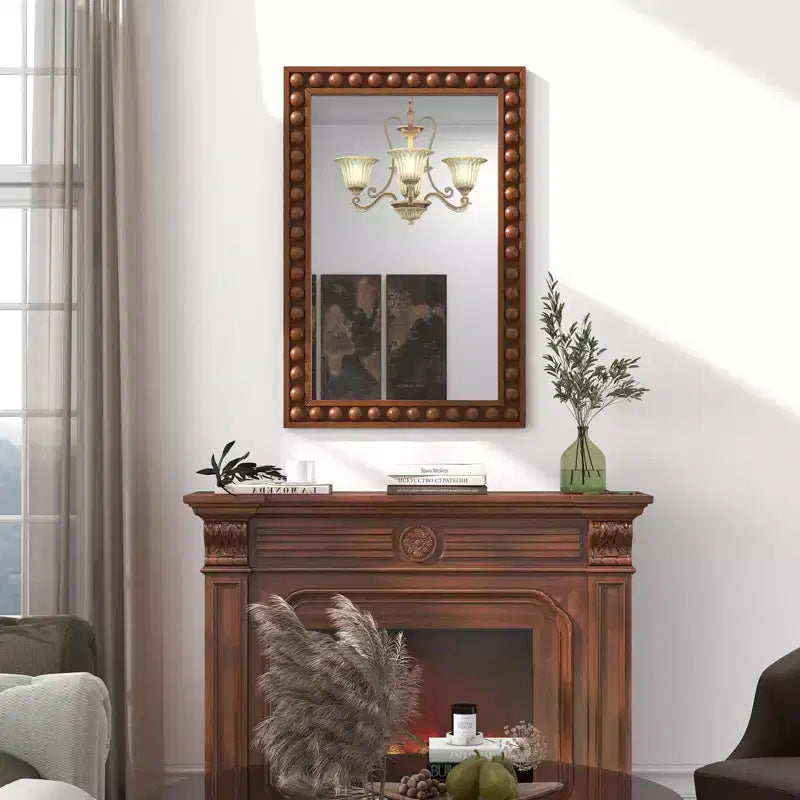 Specchio da Parete Decorativo Rustico 24x36 con Perline di Cornice in Legno Massello per Soggiorno Marrone/Bianco