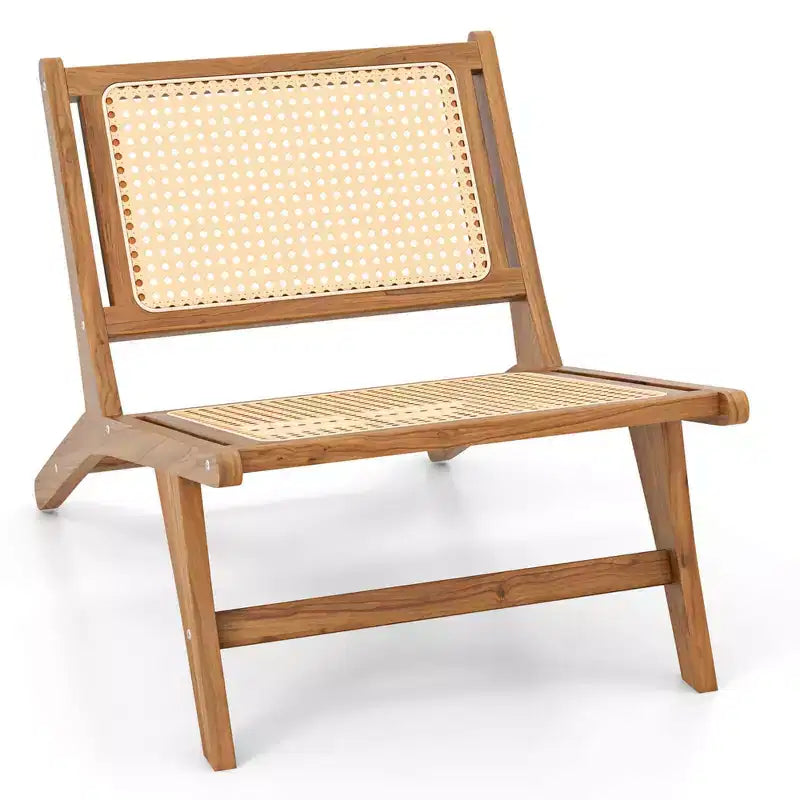 Costway 1/2 PCS Mid Century Modern Teak Wooden Chair with Handwoven Rattan Seat & Backrest