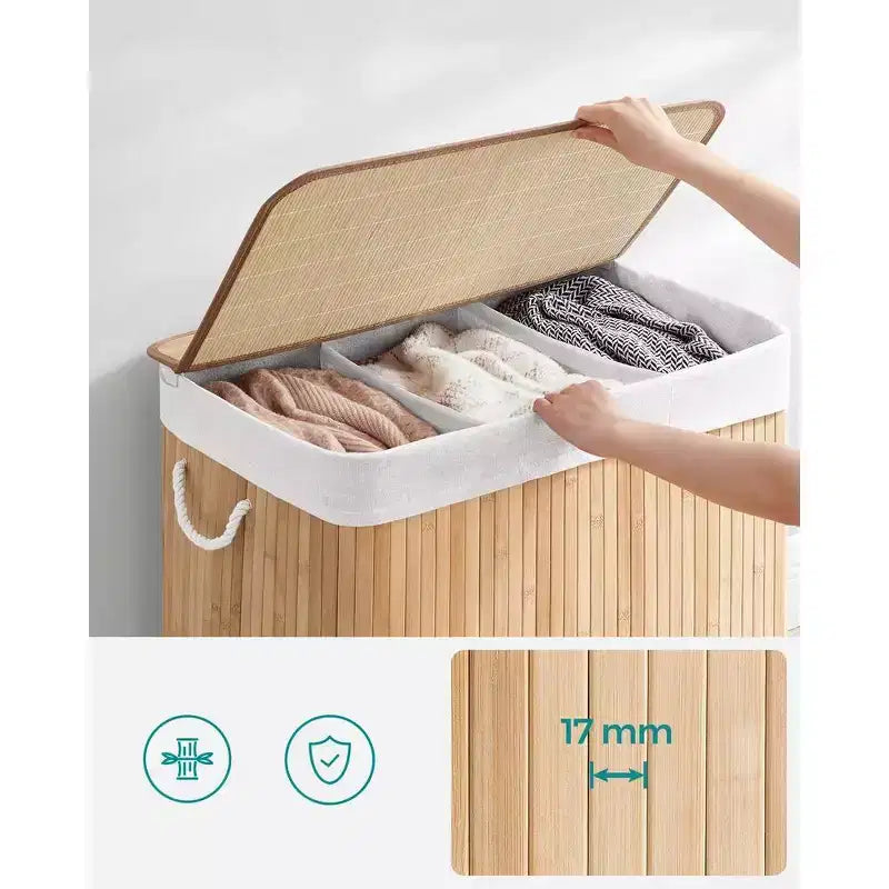Cesto portabiancheria da 150 litri (39,6 Gal), Cesto portabiancheria a 3 scomparti, Cesto portabiancheria con coperchio, Bambù, Pieghevole
