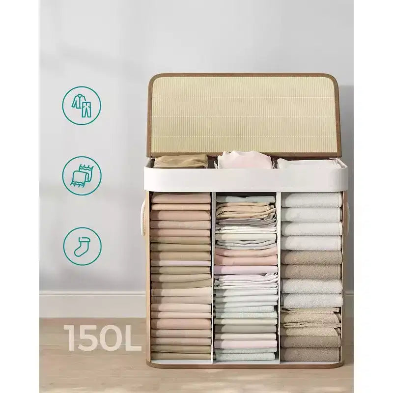 Cesto portabiancheria da 150 litri (39,6 Gal), Cesto portabiancheria a 3 scomparti, Cesto portabiancheria con coperchio, Bambù, Pieghevole