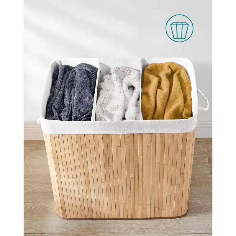 Cesto portabiancheria da 150 litri (39,6 Gal), Cesto portabiancheria a 3 scomparti, Cesto portabiancheria con coperchio, Bambù, Pieghevole