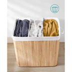 Cesto portabiancheria da 150 litri (39,6 Gal), Cesto portabiancheria a 3 scomparti, Cesto portabiancheria con coperchio, Bambù, Pieghevole