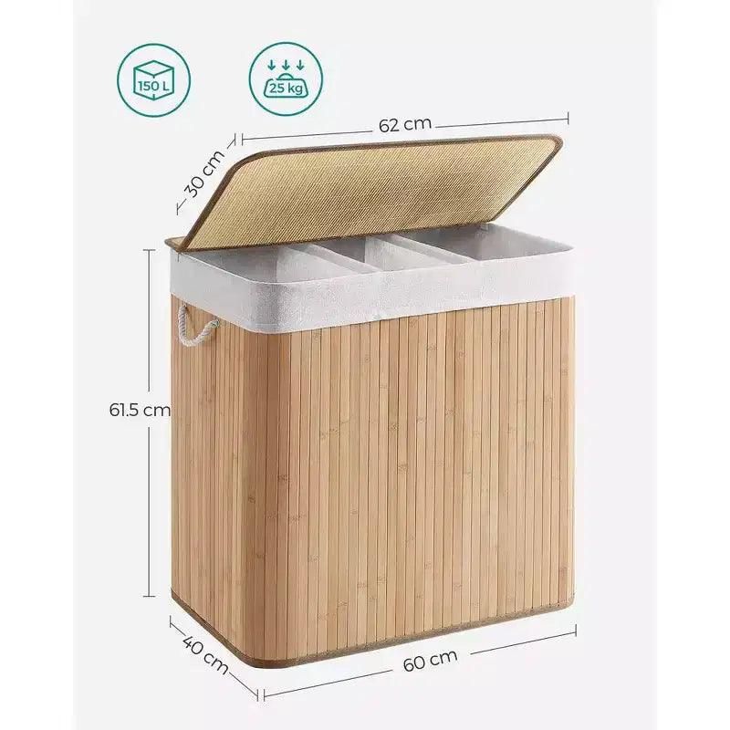 Cesto portabiancheria da 150 litri (39,6 Gal), Cesto portabiancheria a 3 scomparti, Cesto portabiancheria con coperchio, Bambù, Pieghevole
