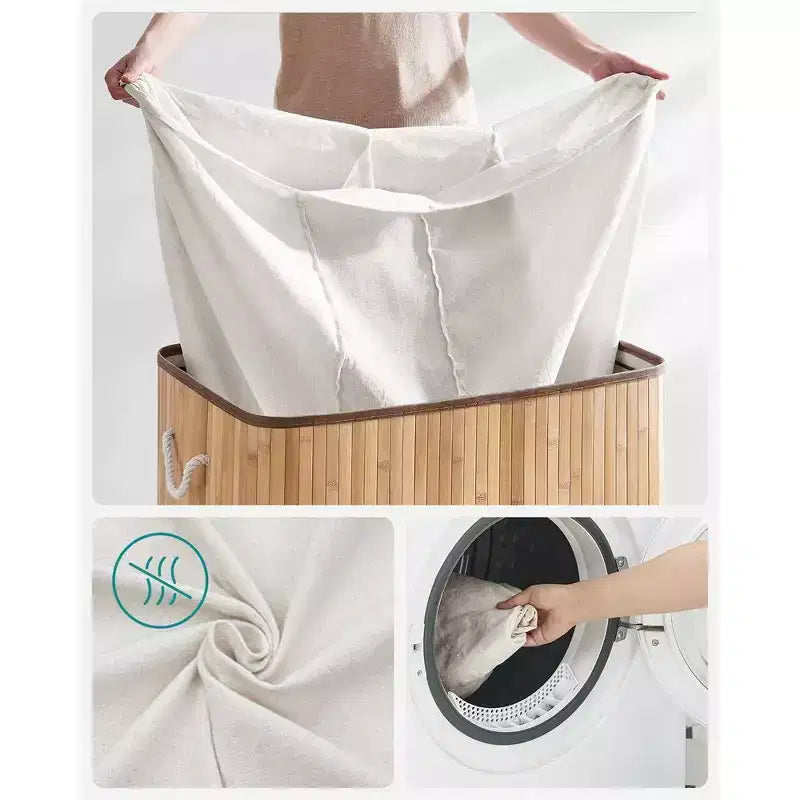 Cesto portabiancheria da 150 litri (39,6 Gal), Cesto portabiancheria a 3 scomparti, Cesto portabiancheria con coperchio, Bambù, Pieghevole