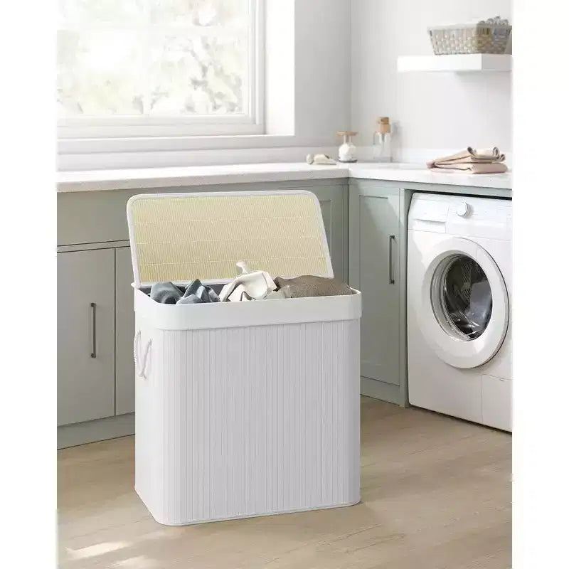 Cesto portabiancheria da 150 litri (39,6 Gal), Cesto portabiancheria a 3 scomparti, Cesto portabiancheria con coperchio, Bambù, Pieghevole