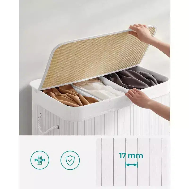Cesto portabiancheria da 150 litri (39,6 Gal), Cesto portabiancheria a 3 scomparti, Cesto portabiancheria con coperchio, Bambù, Pieghevole