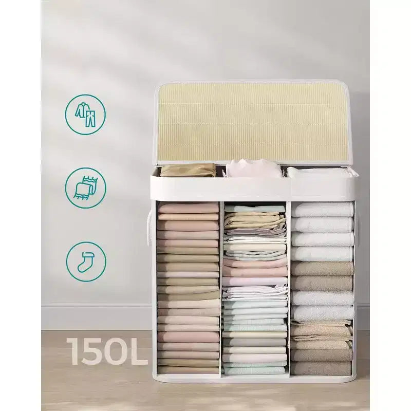Cesto portabiancheria da 150 litri (39,6 Gal), Cesto portabiancheria a 3 scomparti, Cesto portabiancheria con coperchio, Bambù, Pieghevole