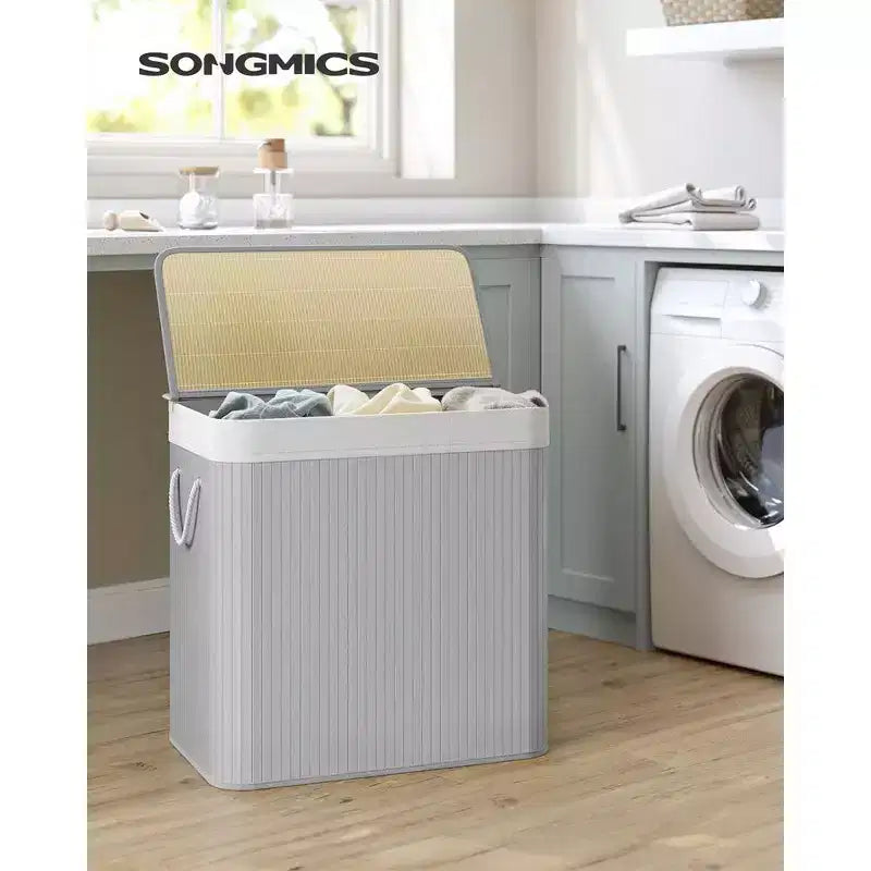Cesto portabiancheria da 150 litri (39,6 Gal), Cesto portabiancheria a 3 scomparti, Cesto portabiancheria con coperchio, Bambù, Pieghevole
