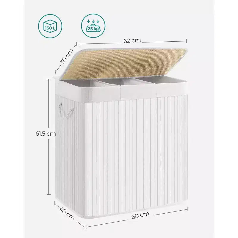 Cesto portabiancheria da 150 litri (39,6 Gal), Cesto portabiancheria a 3 scomparti, Cesto portabiancheria con coperchio, Bambù, Pieghevole