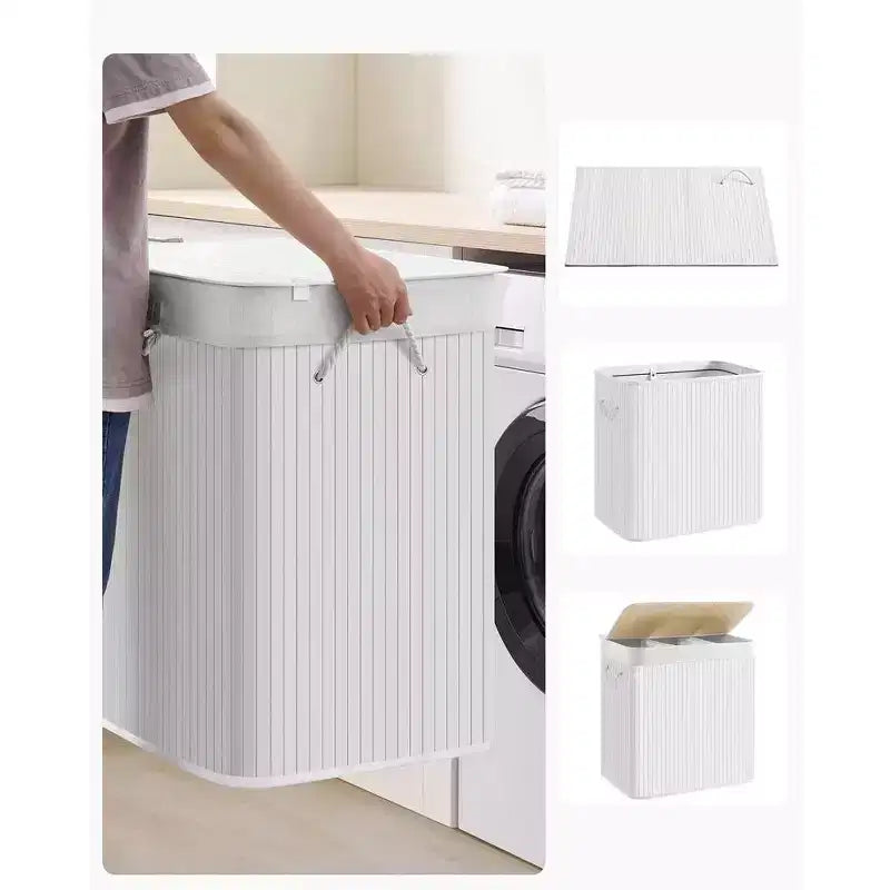 Cesto portabiancheria da 150 litri (39,6 Gal), Cesto portabiancheria a 3 scomparti, Cesto portabiancheria con coperchio, Bambù, Pieghevole