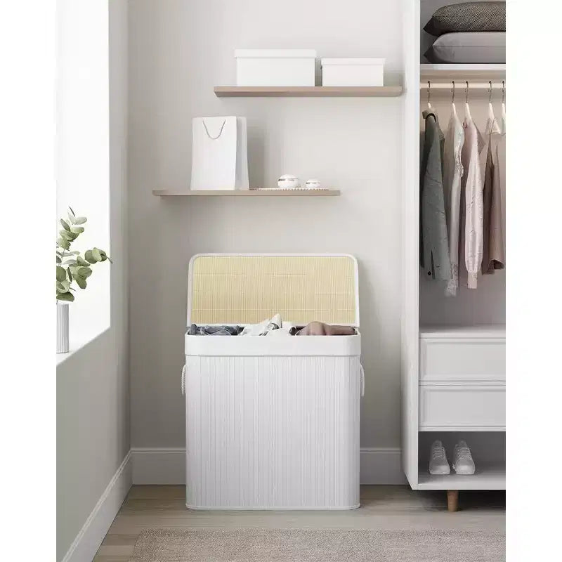 Cesto portabiancheria da 150 litri (39,6 Gal), Cesto portabiancheria a 3 scomparti, Cesto portabiancheria con coperchio, Bambù, Pieghevole