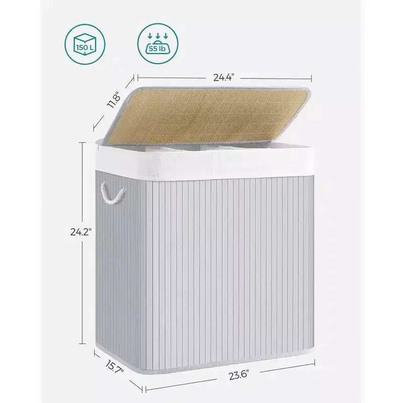 Cesto portabiancheria da 150 litri (39,6 Gal), Cesto portabiancheria a 3 scomparti, Cesto portabiancheria con coperchio, Bambù, Pieghevole