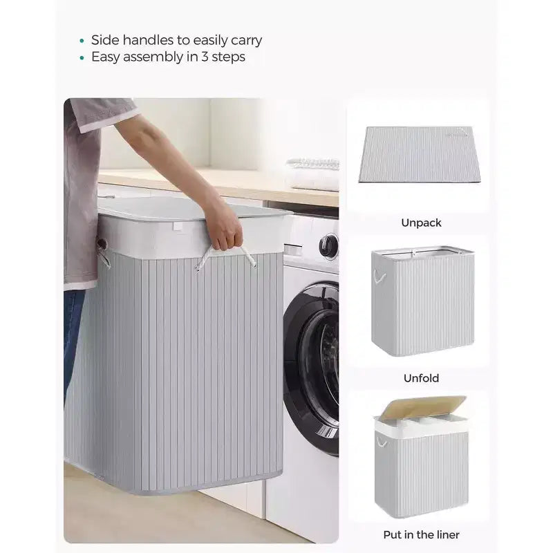 Cesto portabiancheria da 150 litri (39,6 Gal), Cesto portabiancheria a 3 scomparti, Cesto portabiancheria con coperchio, Bambù, Pieghevole