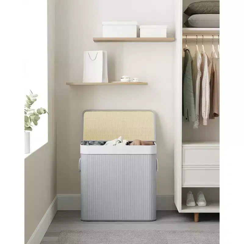 Cesto portabiancheria da 150 litri (39,6 Gal), Cesto portabiancheria a 3 scomparti, Cesto portabiancheria con coperchio, Bambù, Pieghevole