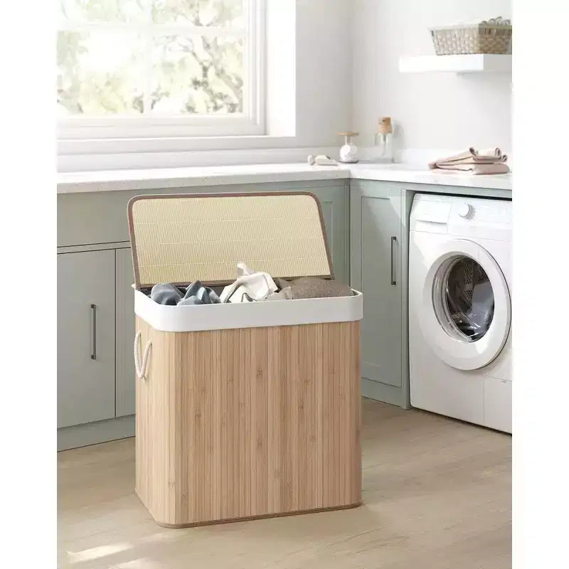 Cesto portabiancheria da 150 litri (39,6 Gal), Cesto portabiancheria a 3 scomparti, Cesto portabiancheria con coperchio, Bambù, Pieghevole