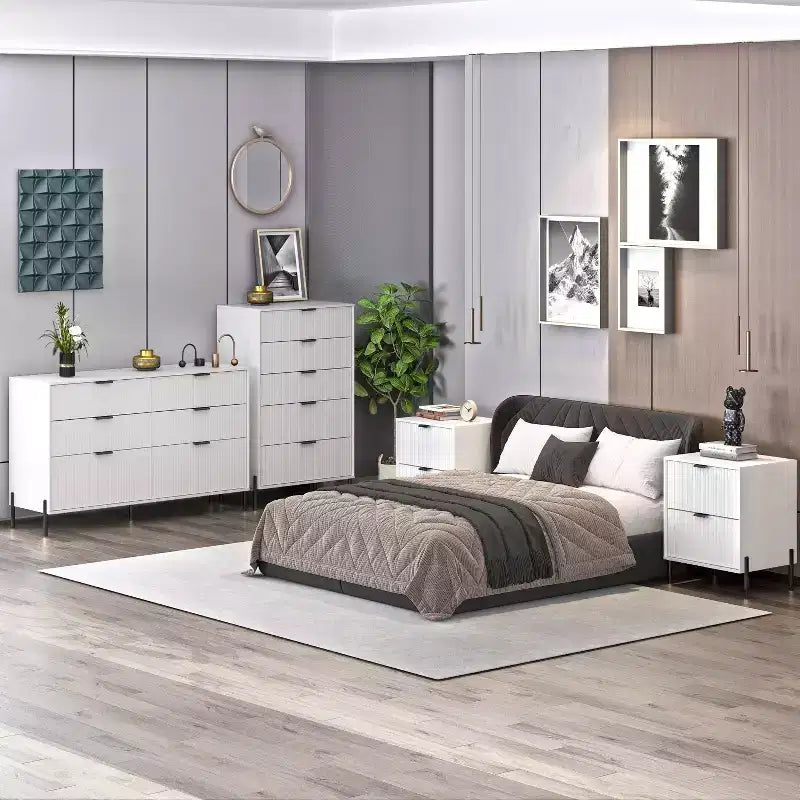 Comò moderno ed elegante a 4 pezzi per camera da letto con cassettiera a 6 cassetti e comodini a 2 cassetti