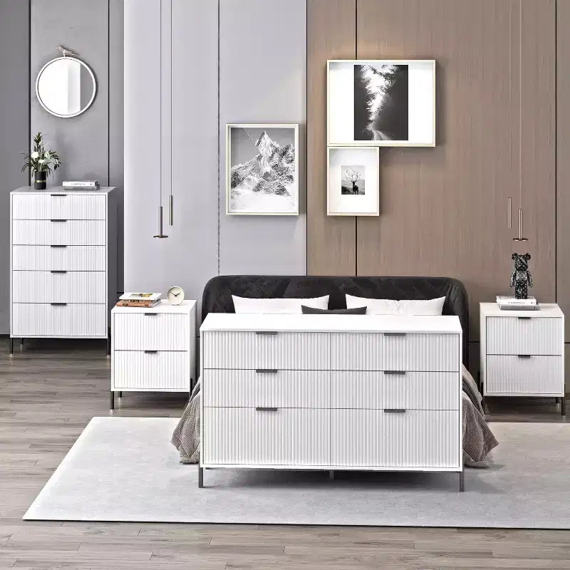 Comò moderno ed elegante a 4 pezzi per camera da letto con cassettiera a 6 cassetti e comodini a 2 cassetti