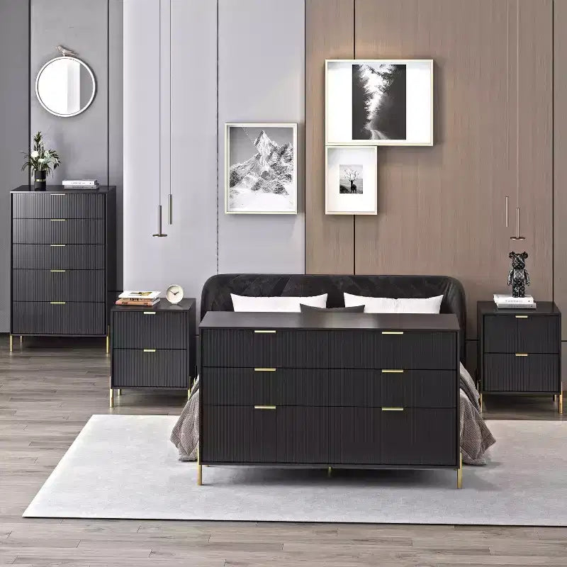 Comò moderno ed elegante a 4 pezzi per camera da letto con cassettiera a 6 cassetti e comodini a 2 cassetti