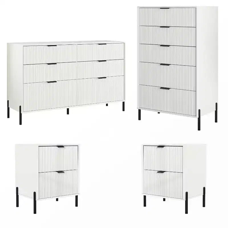 Comò moderno ed elegante a 4 pezzi per camera da letto con cassettiera a 6 cassetti e comodini a 2 cassetti